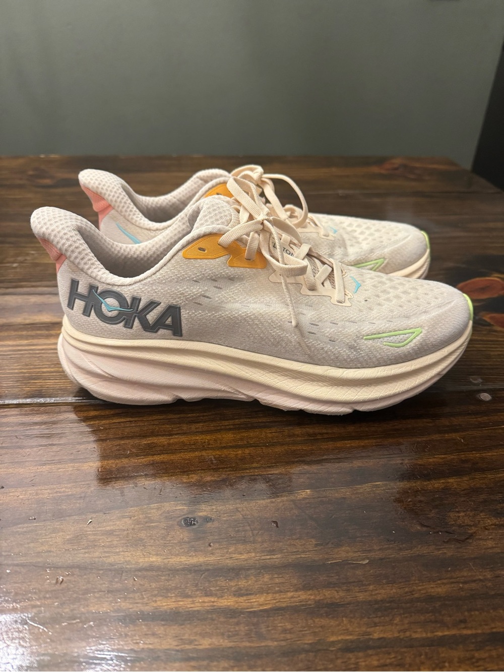 Hoka Women's Pale Pink Running Shoes with Mint and Yellow Accents